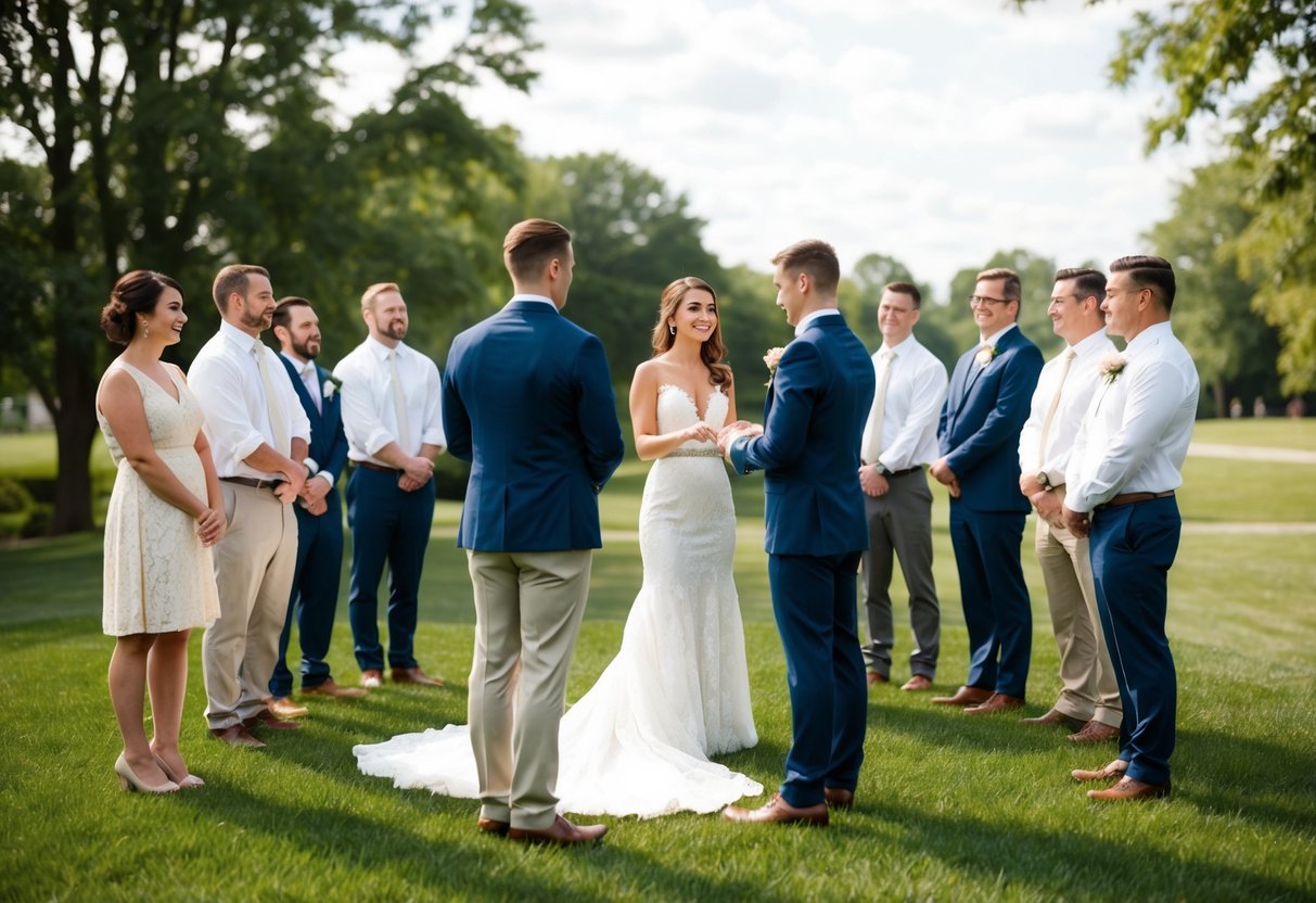 A group of people standing in a semi-circle, watching as a couple practices their vows at an outdoor wedding venue