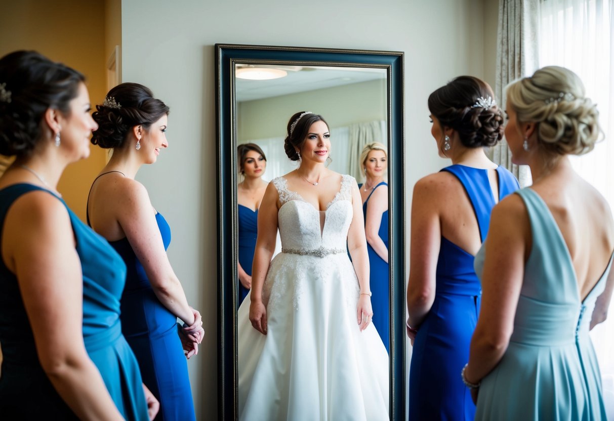 A bride stands in front of a full-length mirror, trying on different outfits for her rehearsal dinner. She carefully examines each option, considering the perfect look for the special occasion