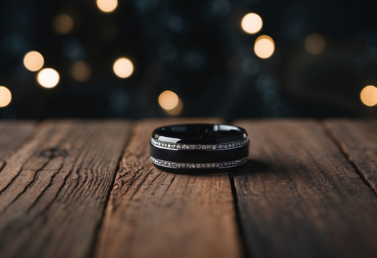 A black wedding band lies on a rustic wooden table, surrounded by dark, moody lighting