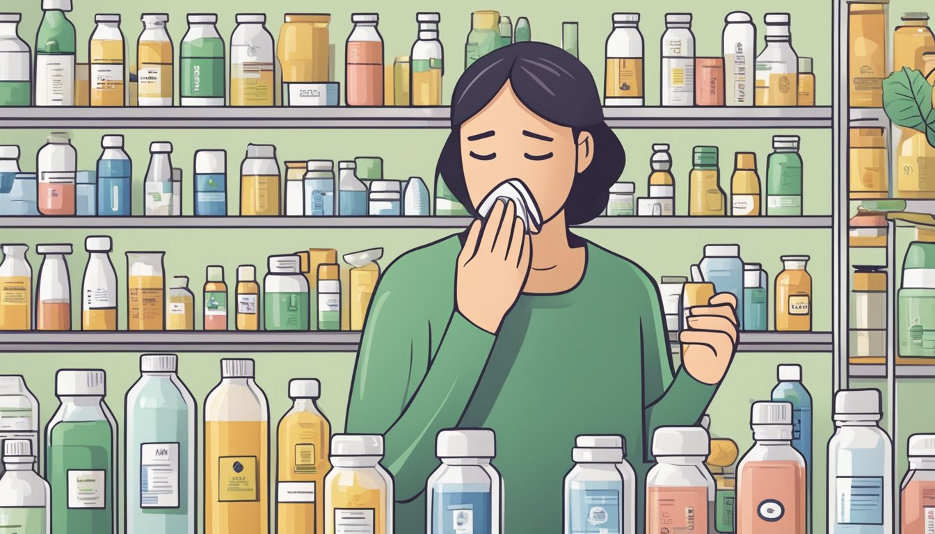 A person holding a fig leaf and looking at it with a concerned expression, surrounded by various allergy medication bottles and warning labels