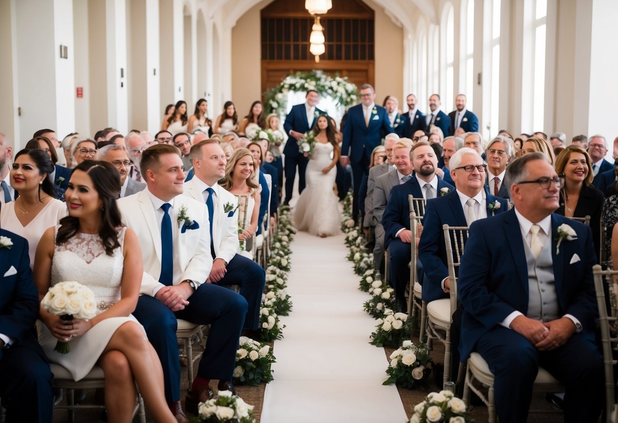 Guests seated in rows, watching as the wedding party practices walking down the aisle