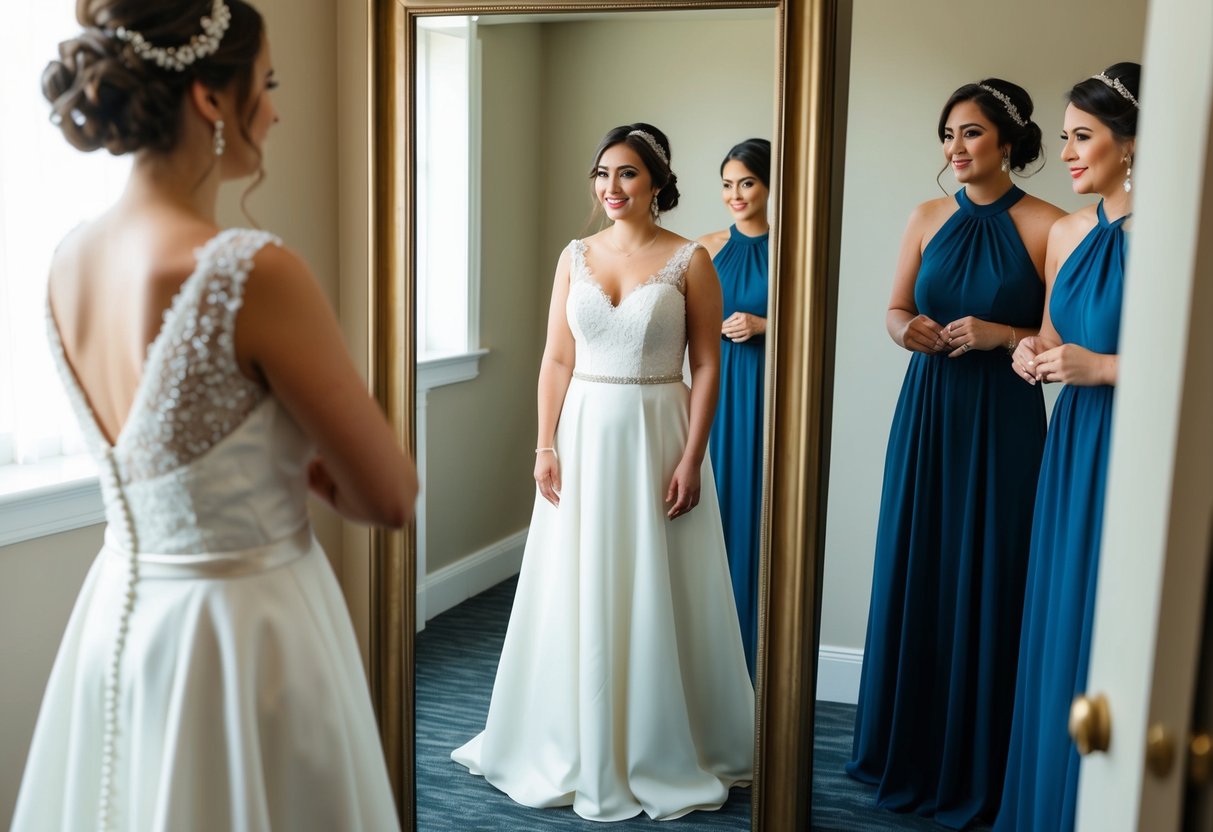A bride stands in front of a full-length mirror, trying on different accessories to complement her white rehearsal dress