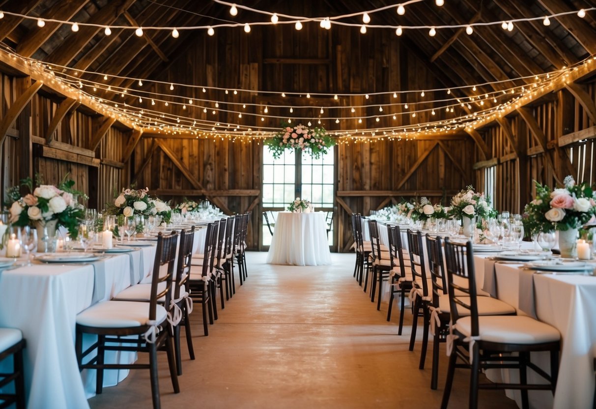 A rustic barn adorned with string lights and floral arrangements. Tables set with white linens and elegant place settings