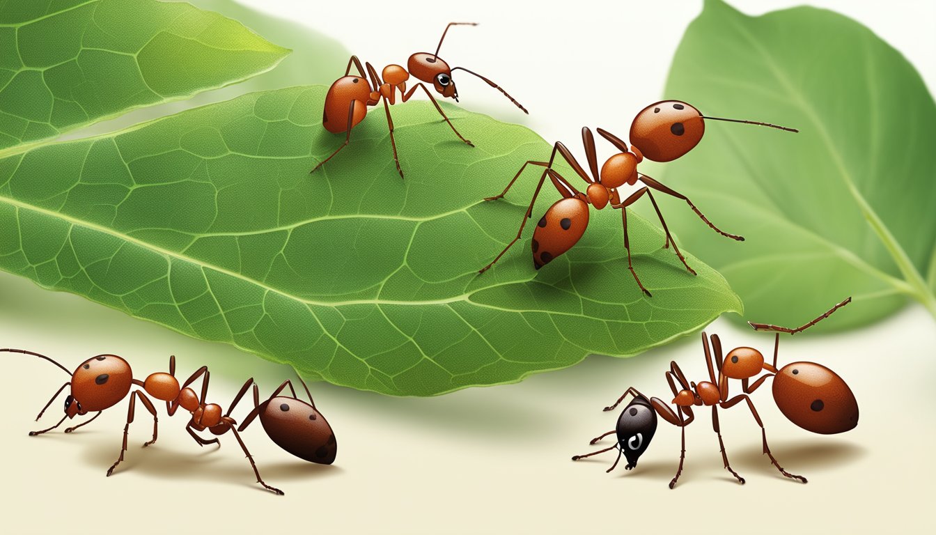 A group of fire ants crawling on a leaf, with one ant carrying a small piece of food