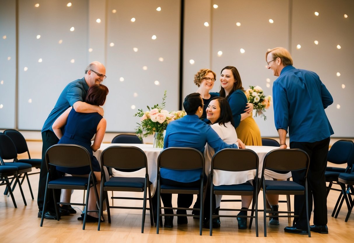 Before the rehearsal: chairs arranged in a semi-circle, flowers on a table. After the rehearsal: people chatting, exchanging hugs, and laughter