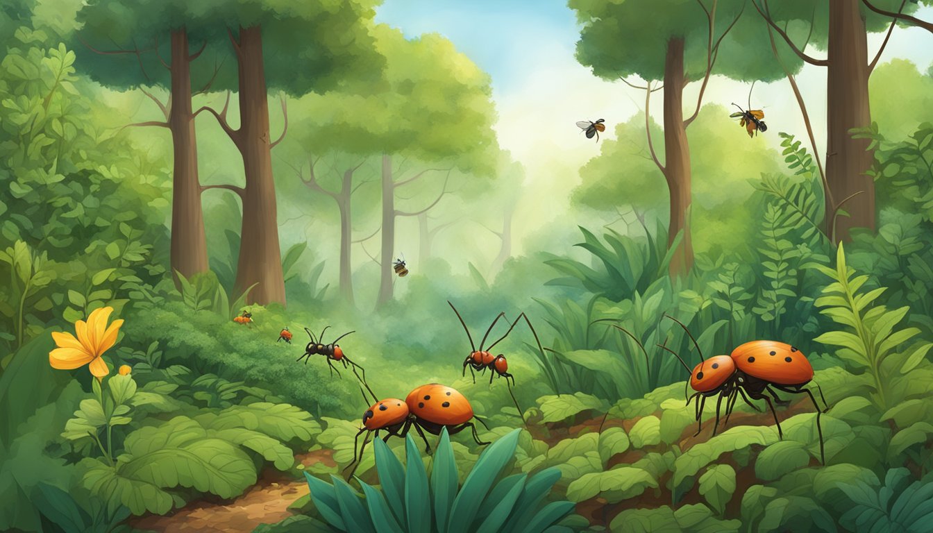 A lush forest with diverse plant life and insects, including fire ants, working together to maintain a balanced ecosystem