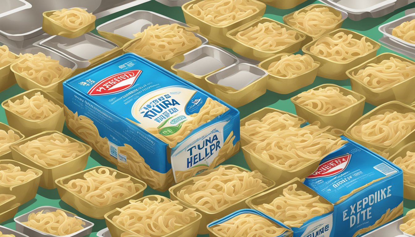 An open box of expired Tuna Helper with a visible expiration date, surrounded by a faint unpleasant odor and signs of discoloration on the pasta