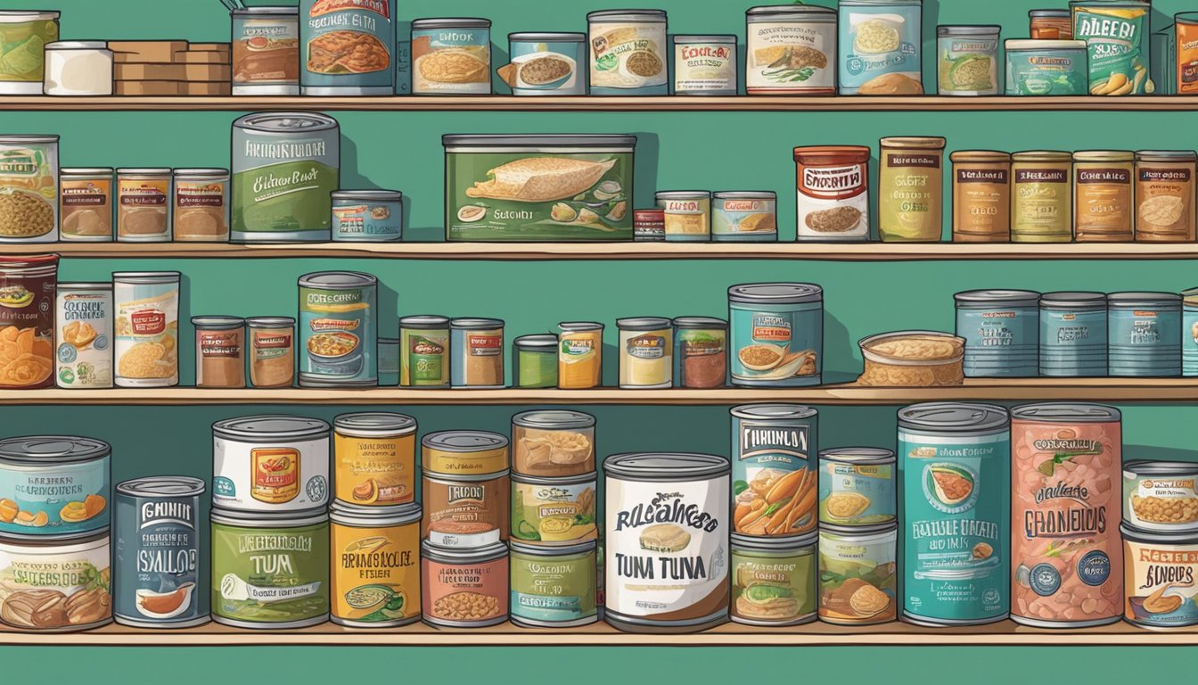 A can of expired Tuna Helper sits on a cluttered pantry shelf, surrounded by other canned goods and dry ingredients