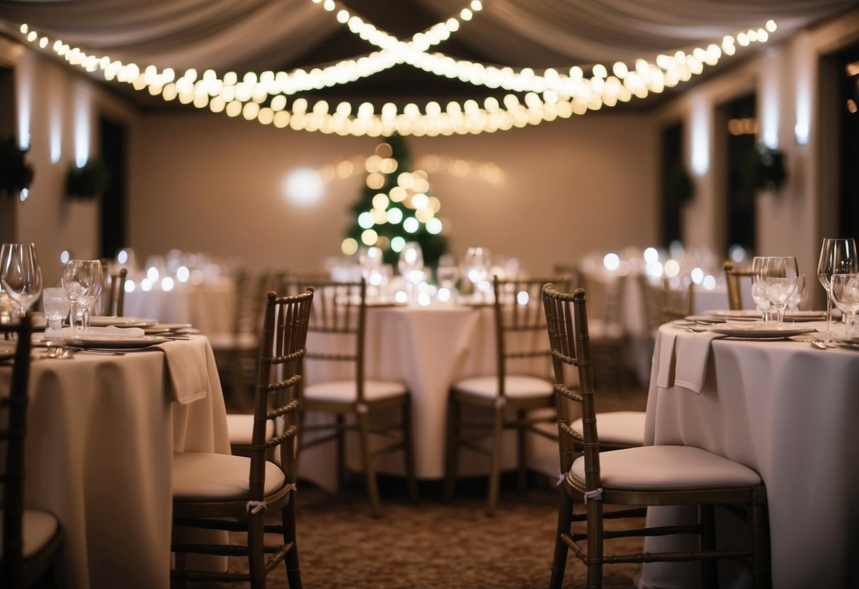 A table set with empty chairs under soft lighting. Decorations and place settings suggest a festive gathering, but no one is present