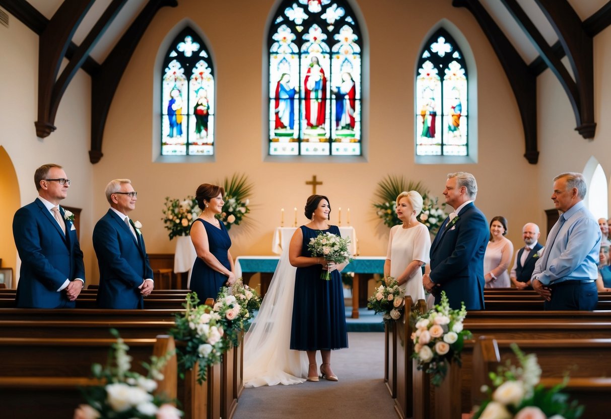 Family members observe a wedding rehearsal in a cozy church setting. Flowers adorn the pews and a soft glow emanates from the stained glass windows