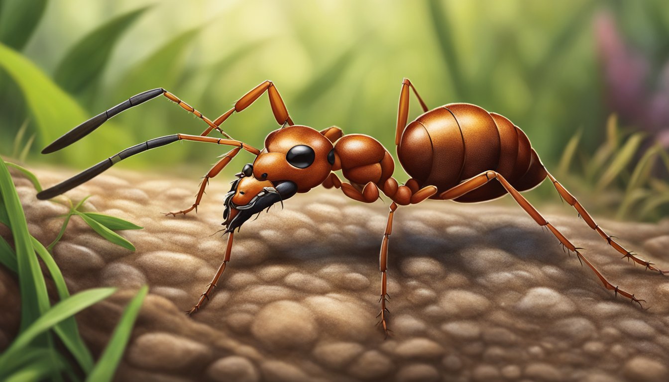 A fire ant stands among other insects, its body poised defensively