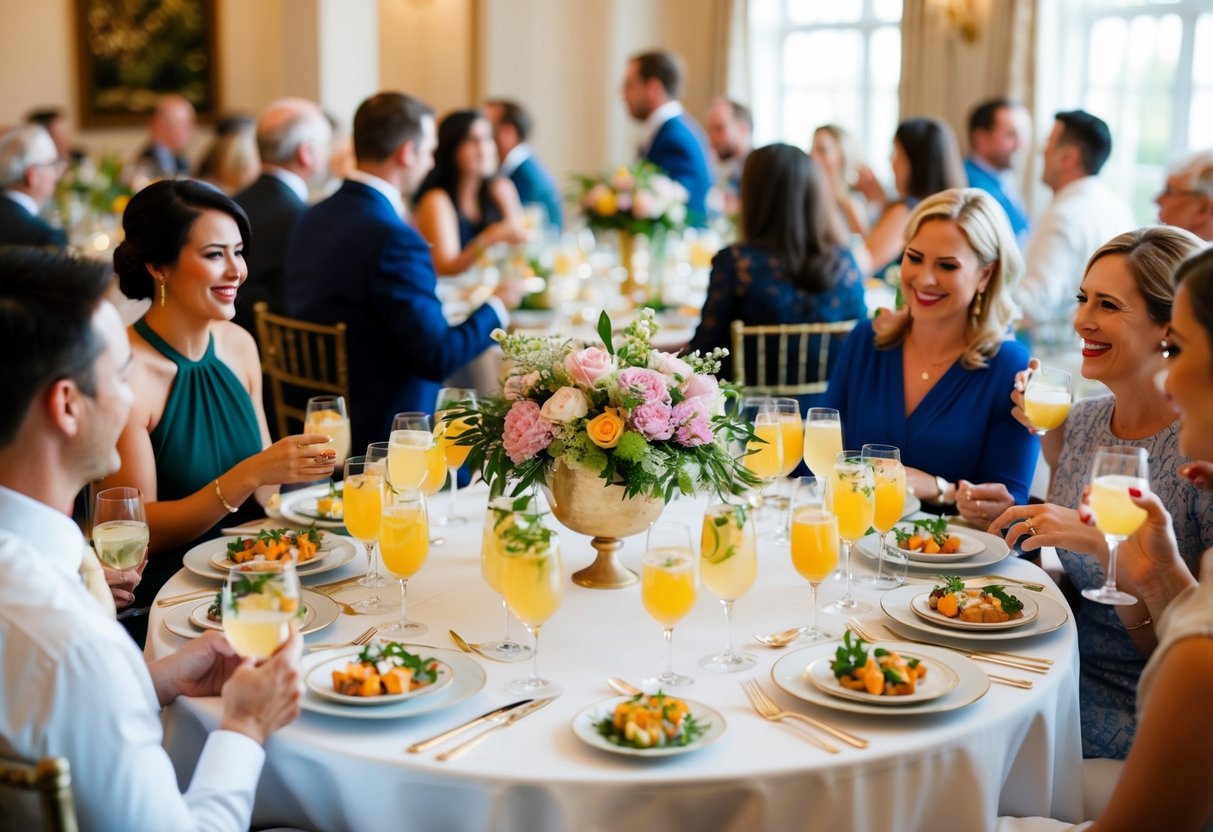 A beautifully set table with elegant place settings and floral centerpieces, surrounded by happy guests mingling and enjoying drinks and appetizers