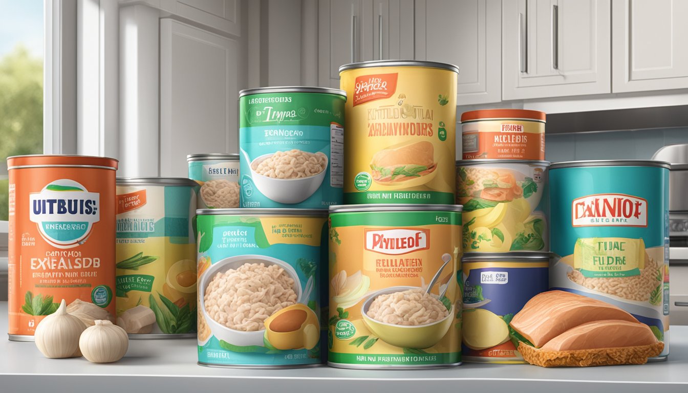 A can of expired tuna helper sits on a kitchen counter, surrounded by other pantry items. The expiration date is clearly visible on the packaging