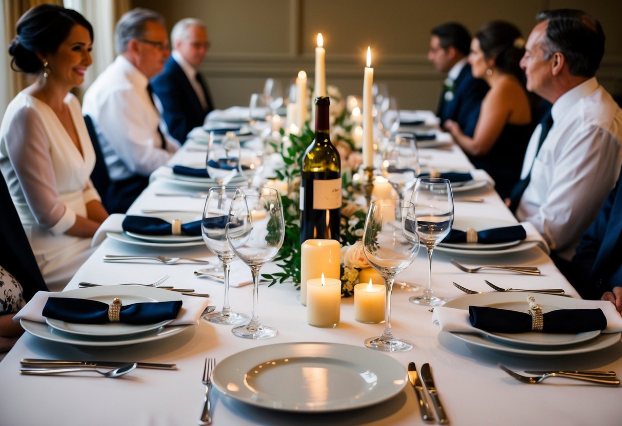 A table set for a rehearsal dinner with place settings for the bride, groom, and their parents. Wine glasses and candles add a touch of elegance to the scene