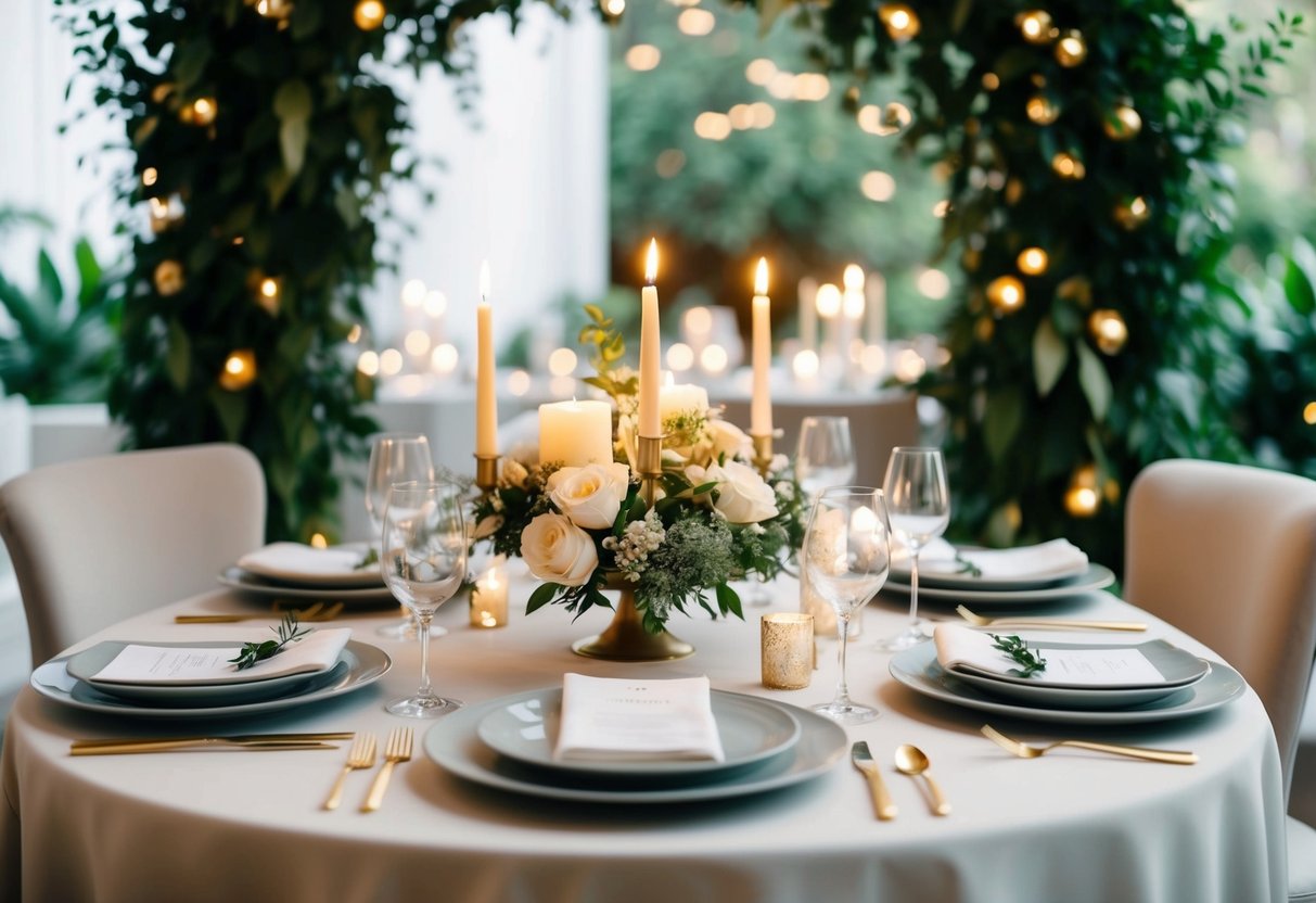 A dining table set with elegant place settings and lit candles, surrounded by lush greenery and soft lighting