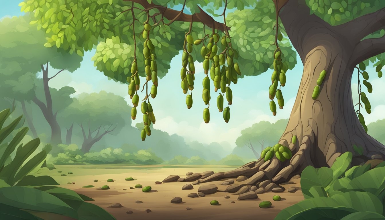 A tamarind tree with green pods hanging from its branches. A few fallen unripe tamarind pods on the ground