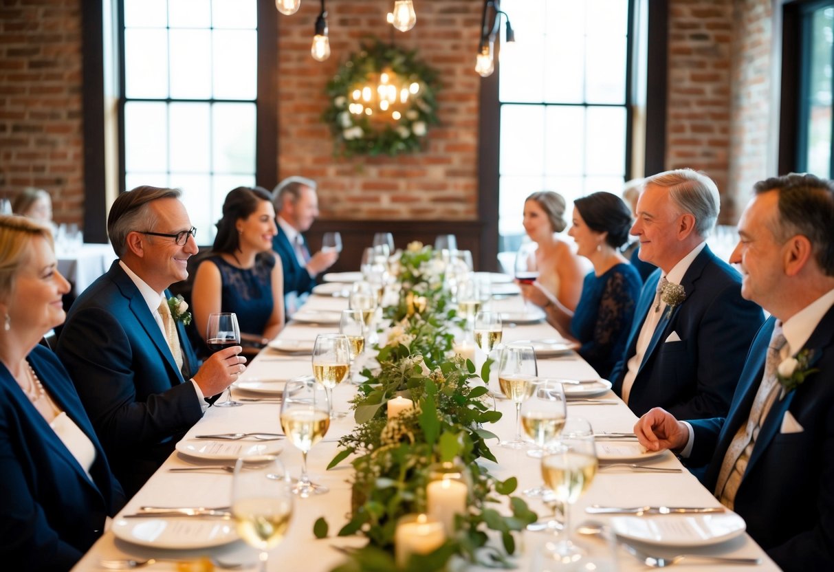 A cozy restaurant with a long table set for a rehearsal dinner. Parents sit at opposite ends, chatting and sipping wine