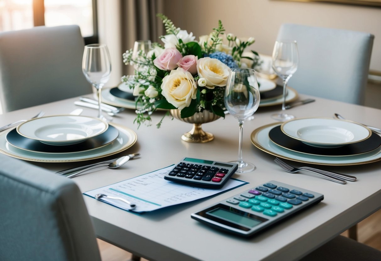 A table set with elegant dinnerware and flowers, surrounded by empty chairs. A budget spreadsheet and calculator sit on the table