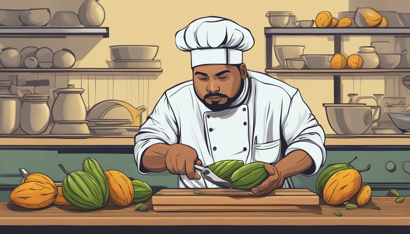 A chef cutting open a tamarind pod to reveal the sour, unripe fruit inside, with a questioning expression on their face