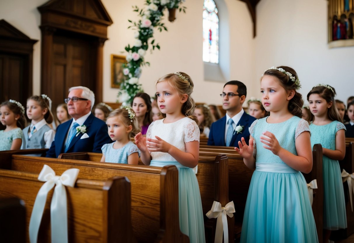 Parents watch from pews as children rehearse for a wedding. Flowers and ribbons decorate the space