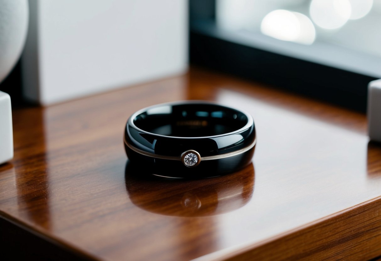 A sleek black wedding band sits on a polished wooden surface, surrounded by minimalist and modern design elements