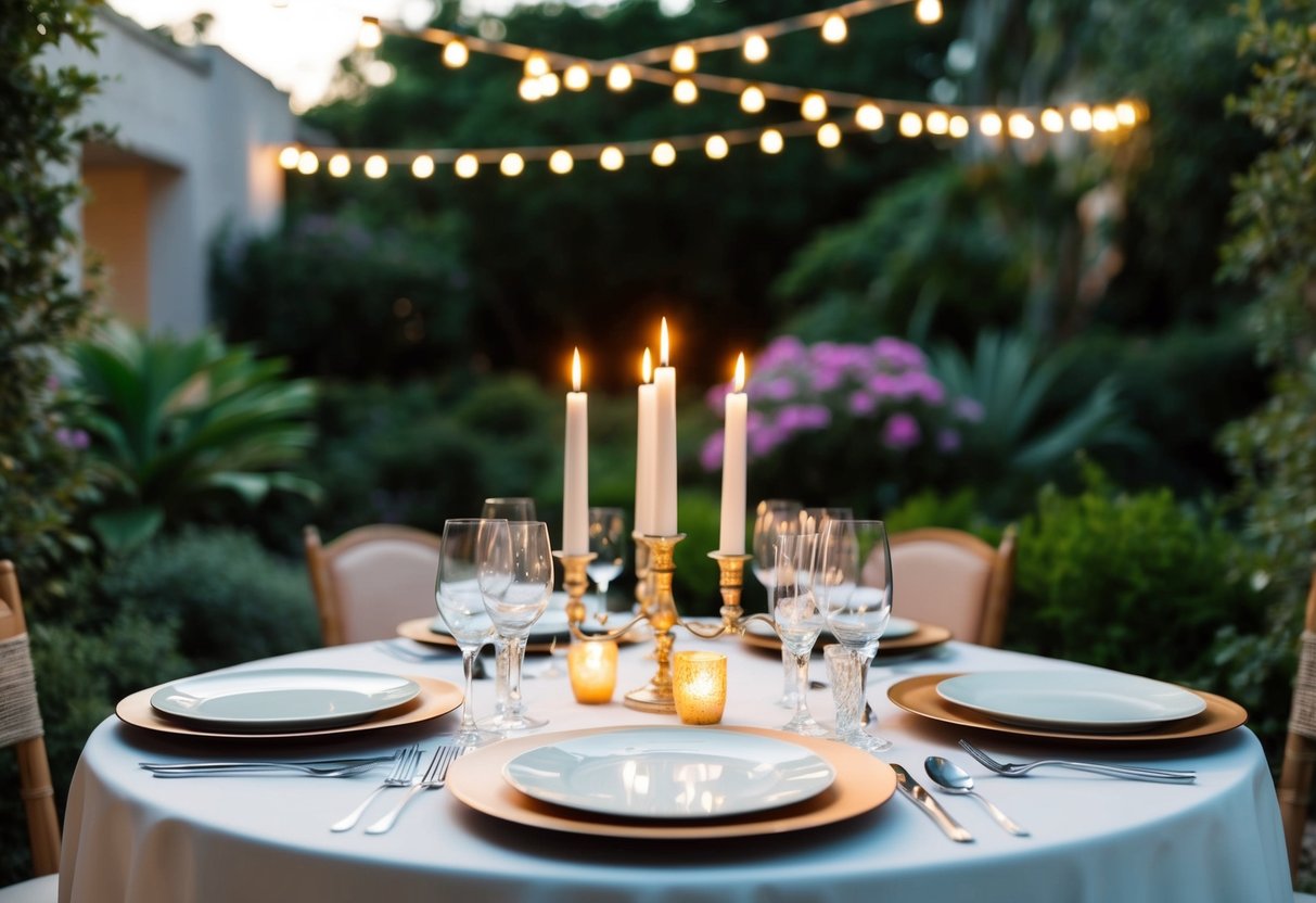 A table set with elegant dinnerware and lit candles, surrounded by a lush garden with twinkling lights above