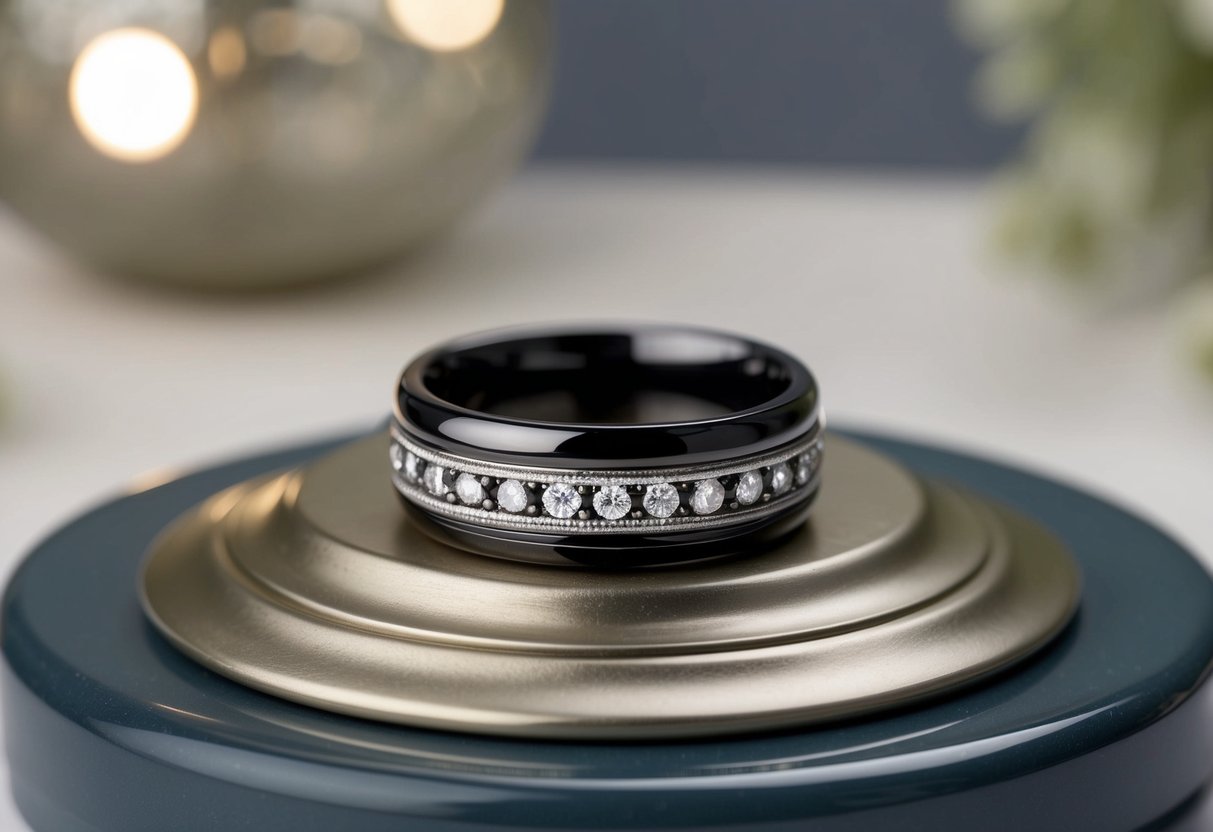 A black wedding band resting on a polished surface, surrounded by muted, elegant decor and soft lighting