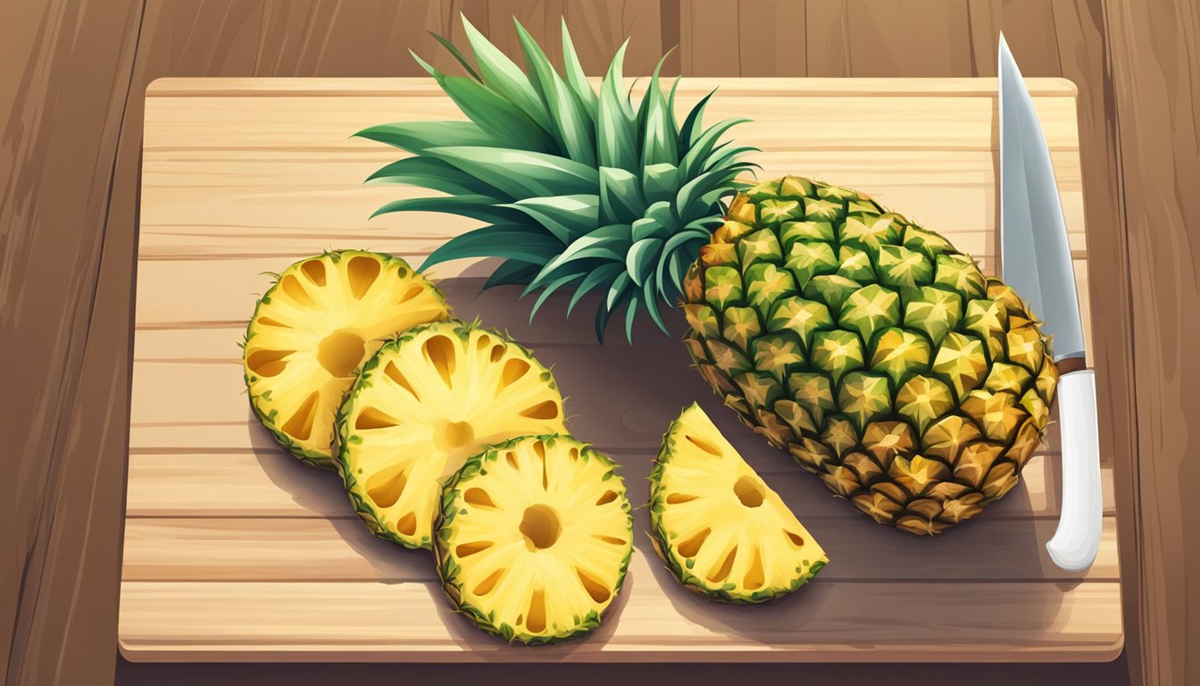 A ripe pineapple with the core exposed, surrounded by slices on a cutting board