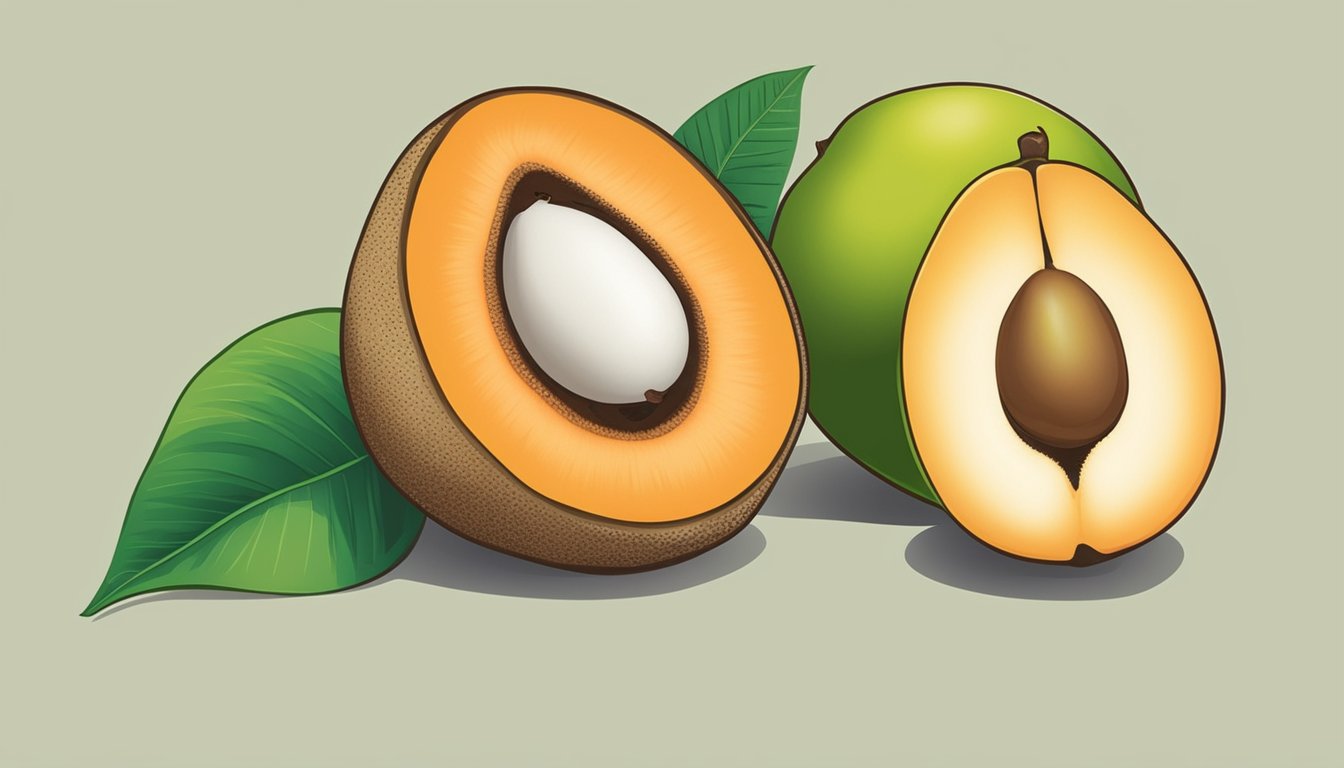 A ripe sapodilla fruit next to an unripe one, with a question mark hovering above the unripe fruit