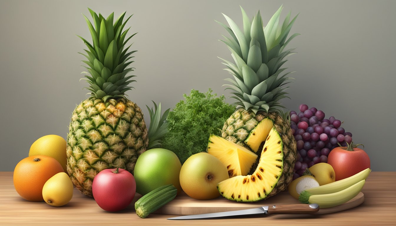 A pineapple core surrounded by a variety of fruits and vegetables, with a knife and cutting board nearby