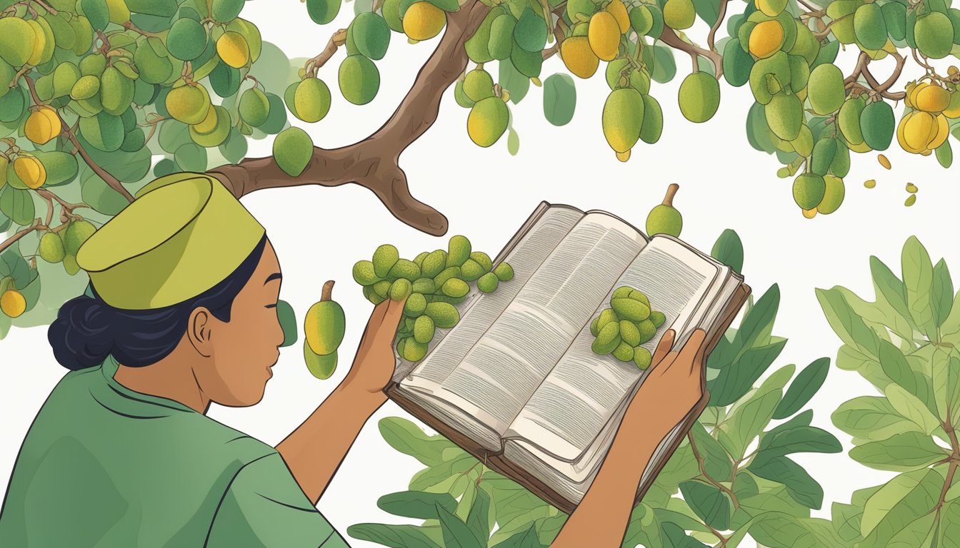 A person picking unripe tamarind pods from a tree, with a traditional medicine book open nearby