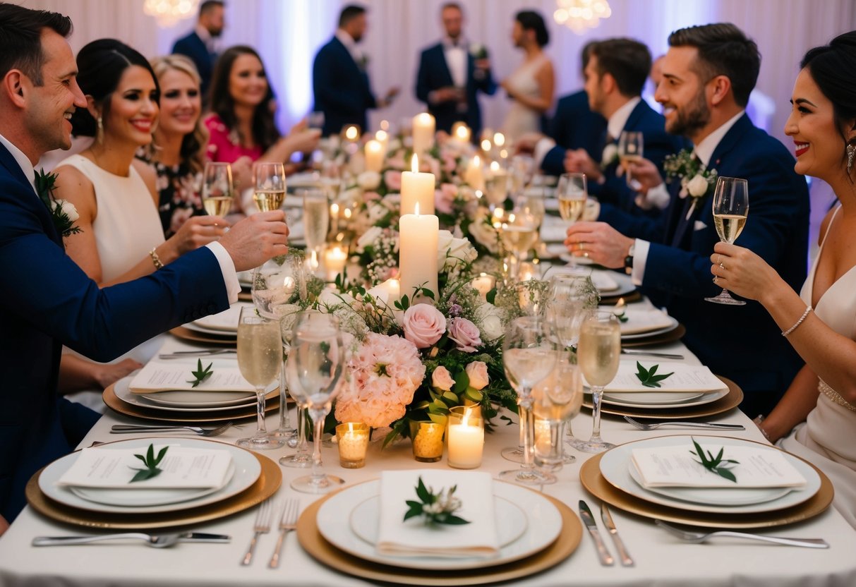 A table set with elegant place settings, surrounded by flickering candles and blooming floral arrangements, as guests mingle and toast to the upcoming nuptials