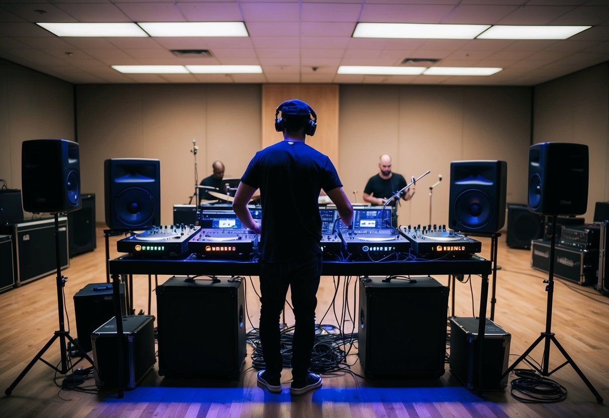 A DJ sets up their equipment in a spacious, dimly lit rehearsal room. The room is filled with musical instruments and amplifiers