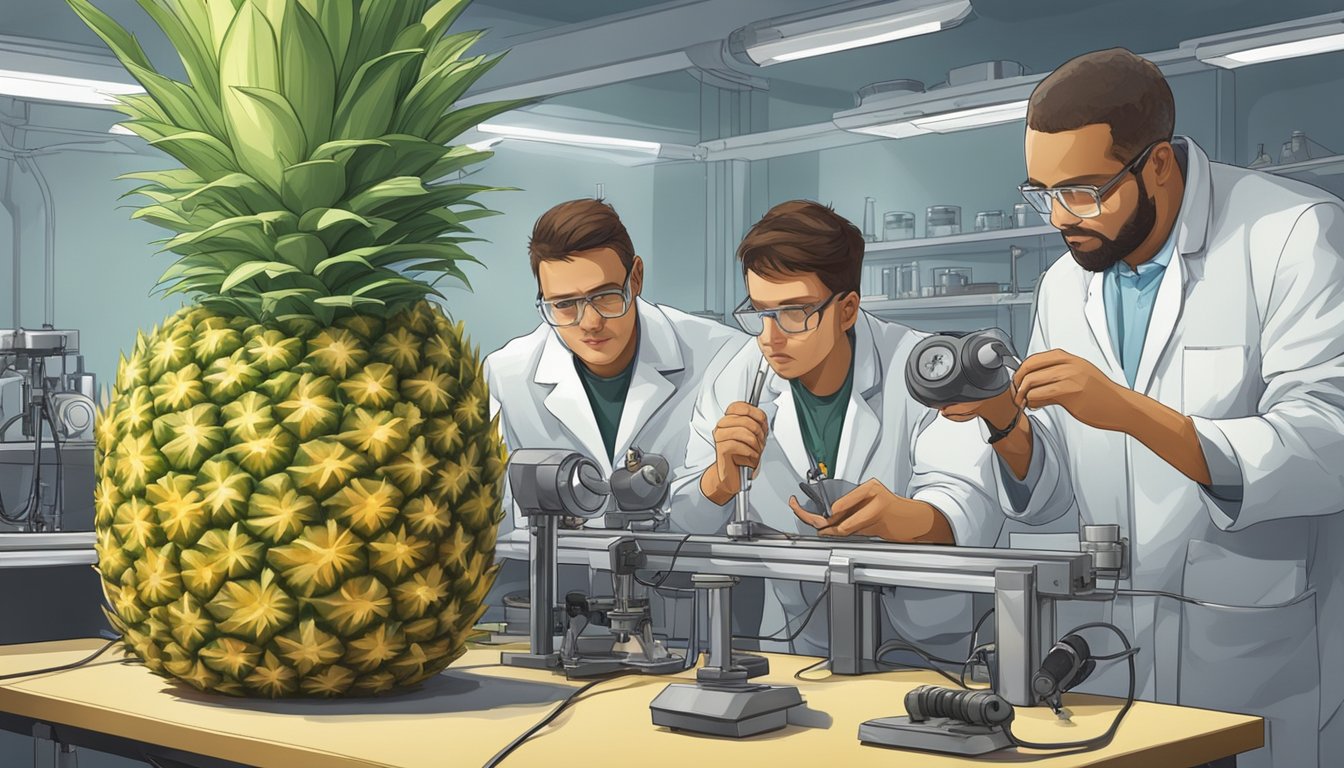 A pineapple core surrounded by scientific equipment and researchers conducting tests