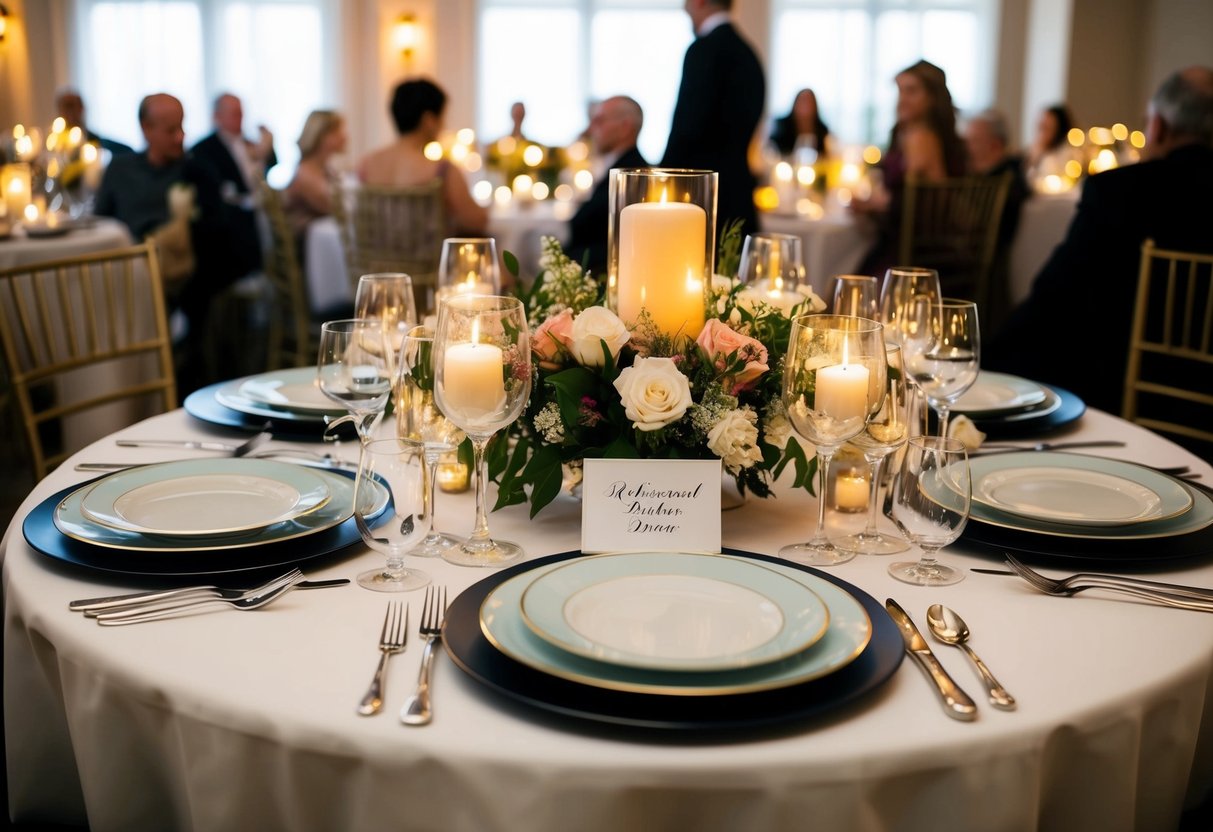 A table set with elegant dinnerware, surrounded by flickering candlelight and floral centerpieces, awaits the arrival of guests for a wedding rehearsal dinner