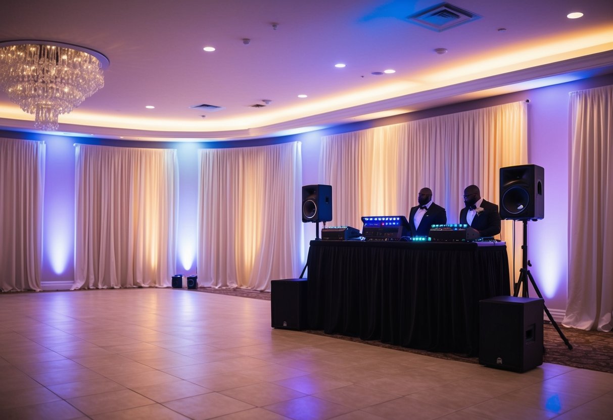 A DJ booth set up in the corner of a spacious, elegant wedding venue, with colorful lights and speakers creating a lively atmosphere for the rehearsal