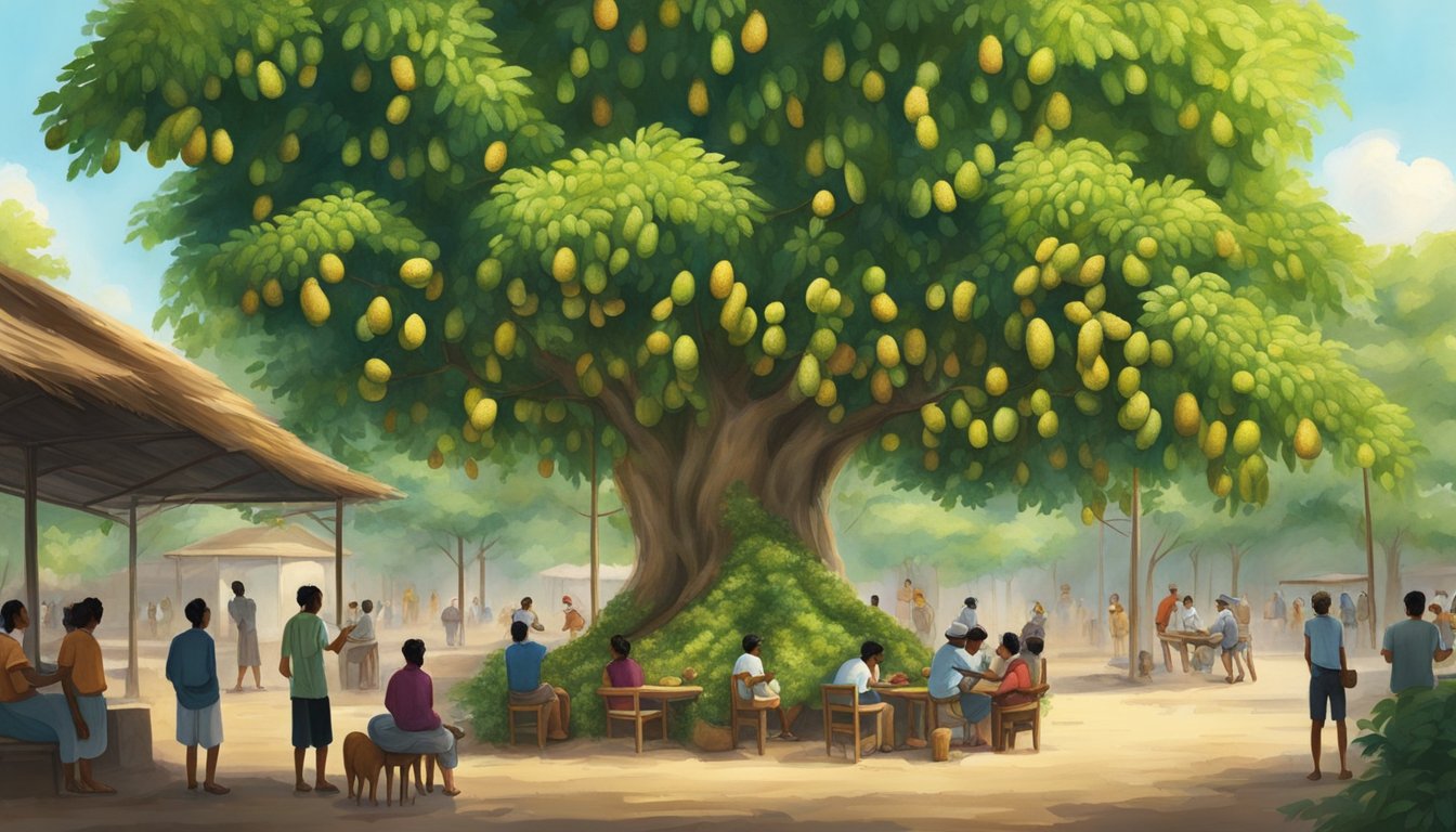 A tamarind tree laden with green and ripe pods, surrounded by people and animals enjoying the shade and fruit