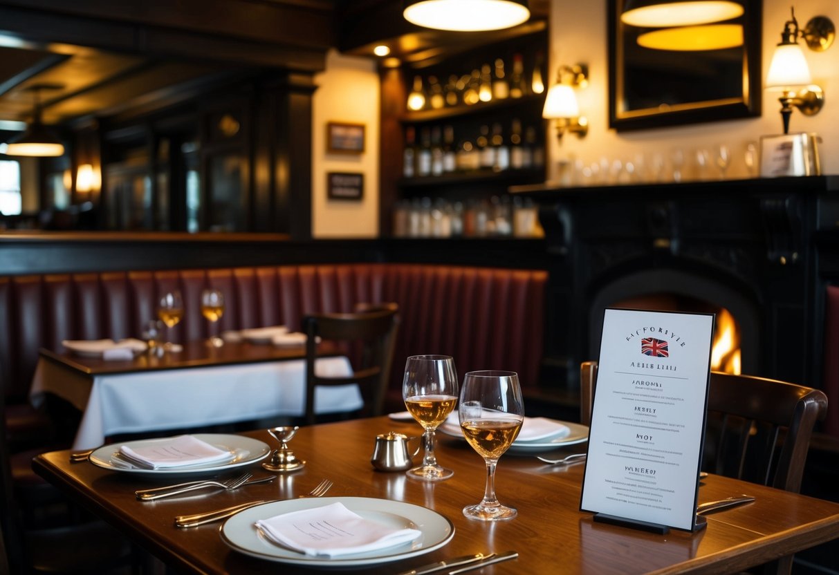 A cozy English pub with dim lighting, wooden tables, and a crackling fireplace. A table set with elegant place settings and a menu of traditional British fare