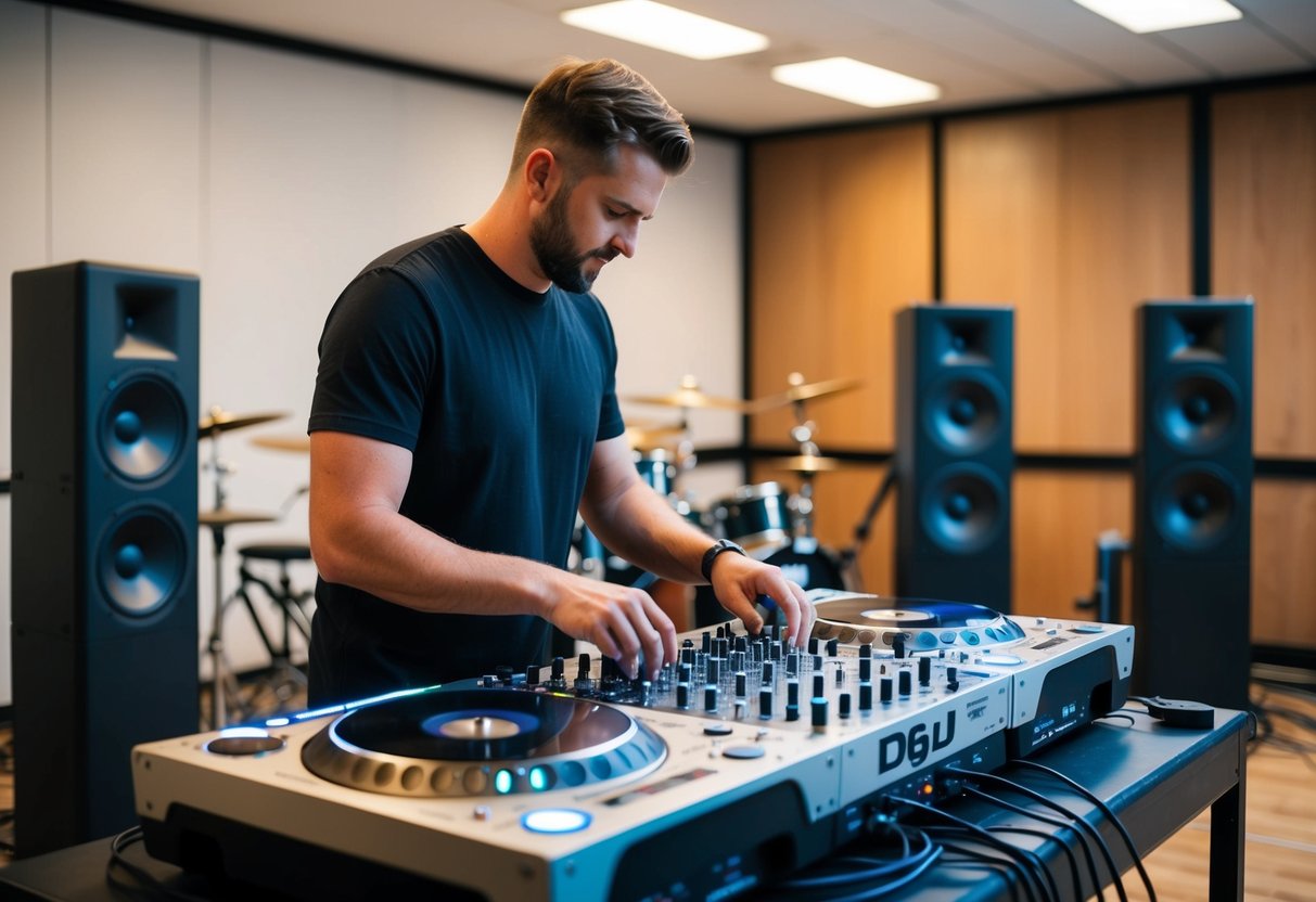 A DJ setting up equipment at a rehearsal space, surrounded by speakers and musical instruments
