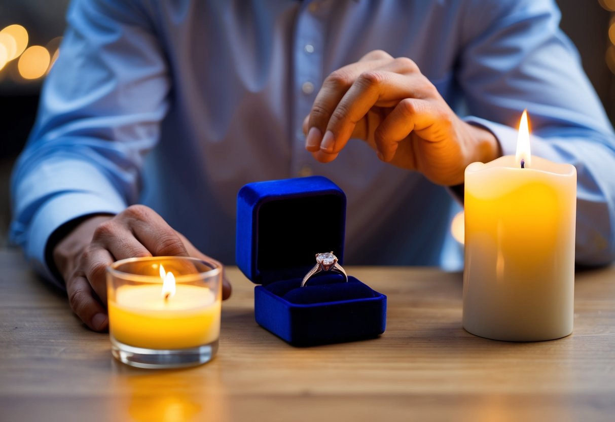 A man places an engagement ring in a velvet box on a table, a candle flickering nearby