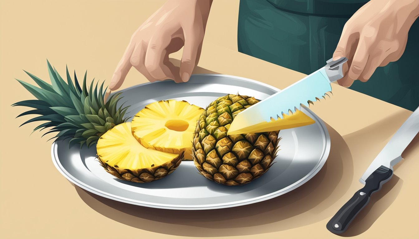 A person cutting a pineapple, with the core separated and placed on a plate next to a knife and fork