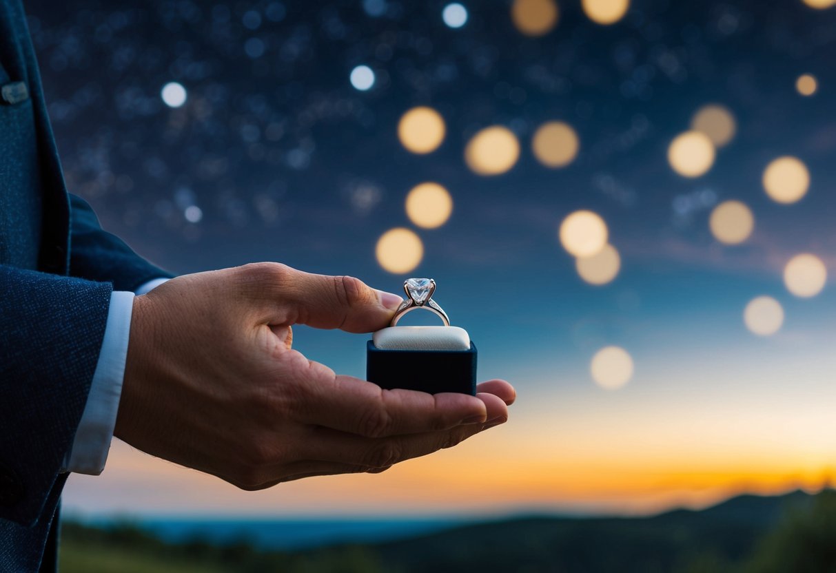 A man's hand holds an engagement ring box, surrounded by a scenic landscape with a sunset or starry sky in the background
