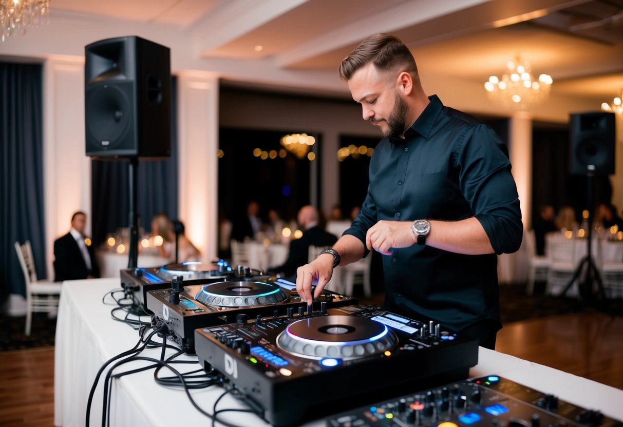 A DJ sets up equipment at a rehearsal dinner venue, adjusting sound levels and checking music playlists