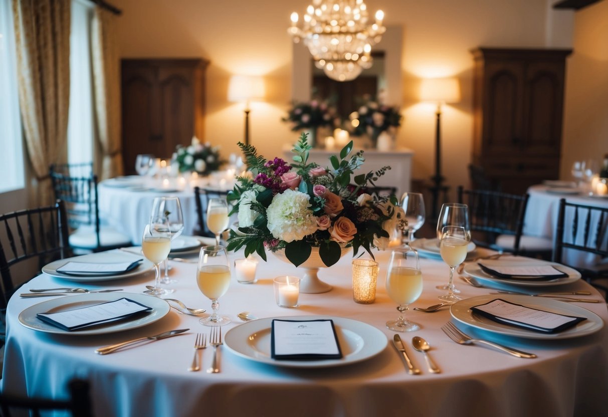 A table set with elegant place settings and floral centerpieces in a cozy, candlelit room