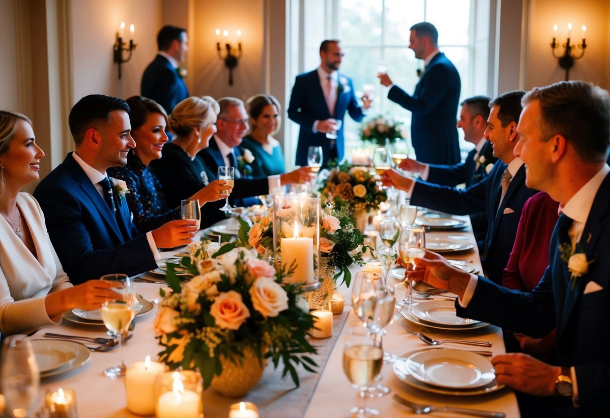 A cozy, candlelit room with elegant table settings and floral centerpieces. Guests mingle and toast in celebration of the upcoming wedding