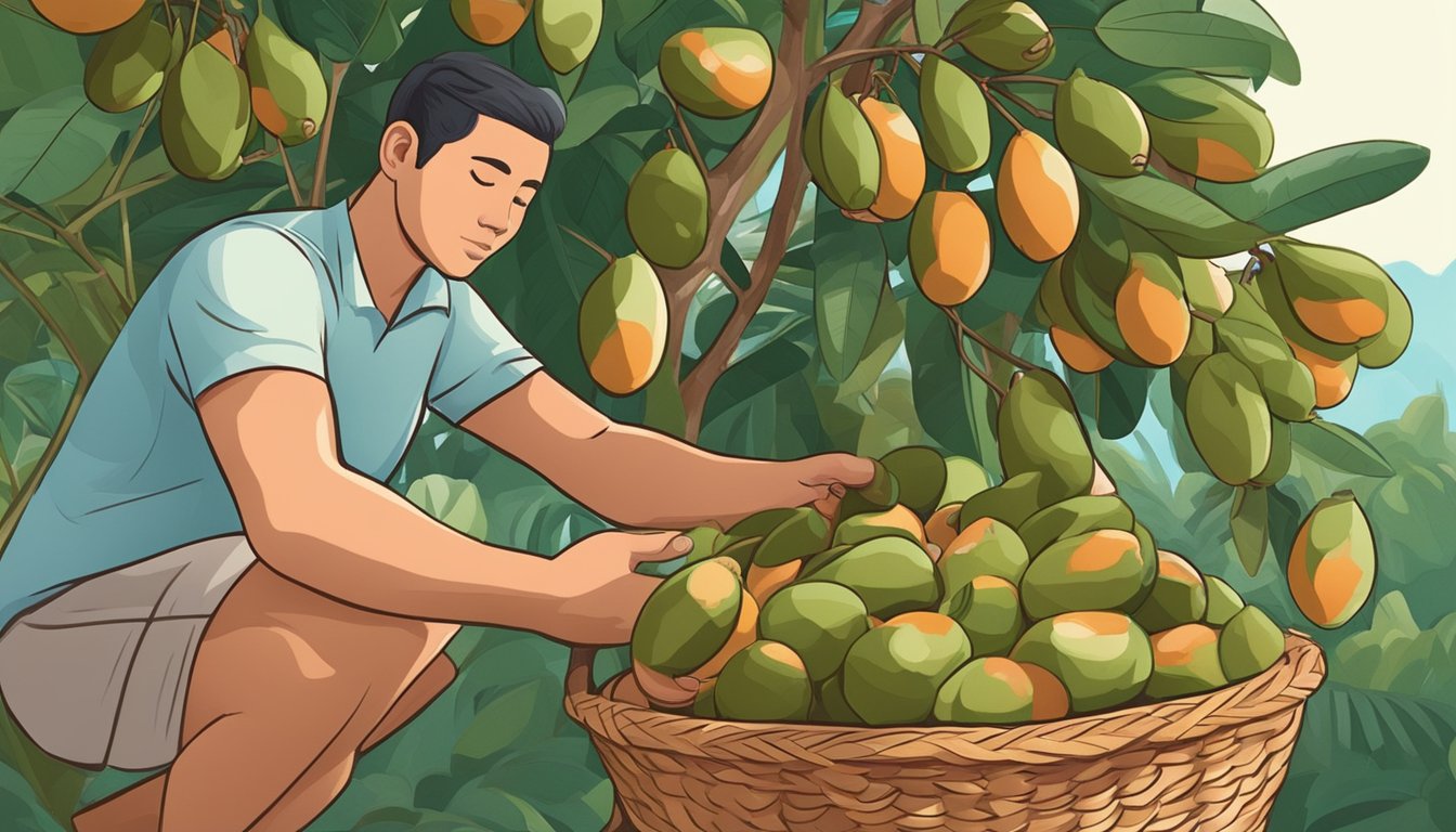 A person picking ripe sapodilla from a tree and carefully storing them in a basket