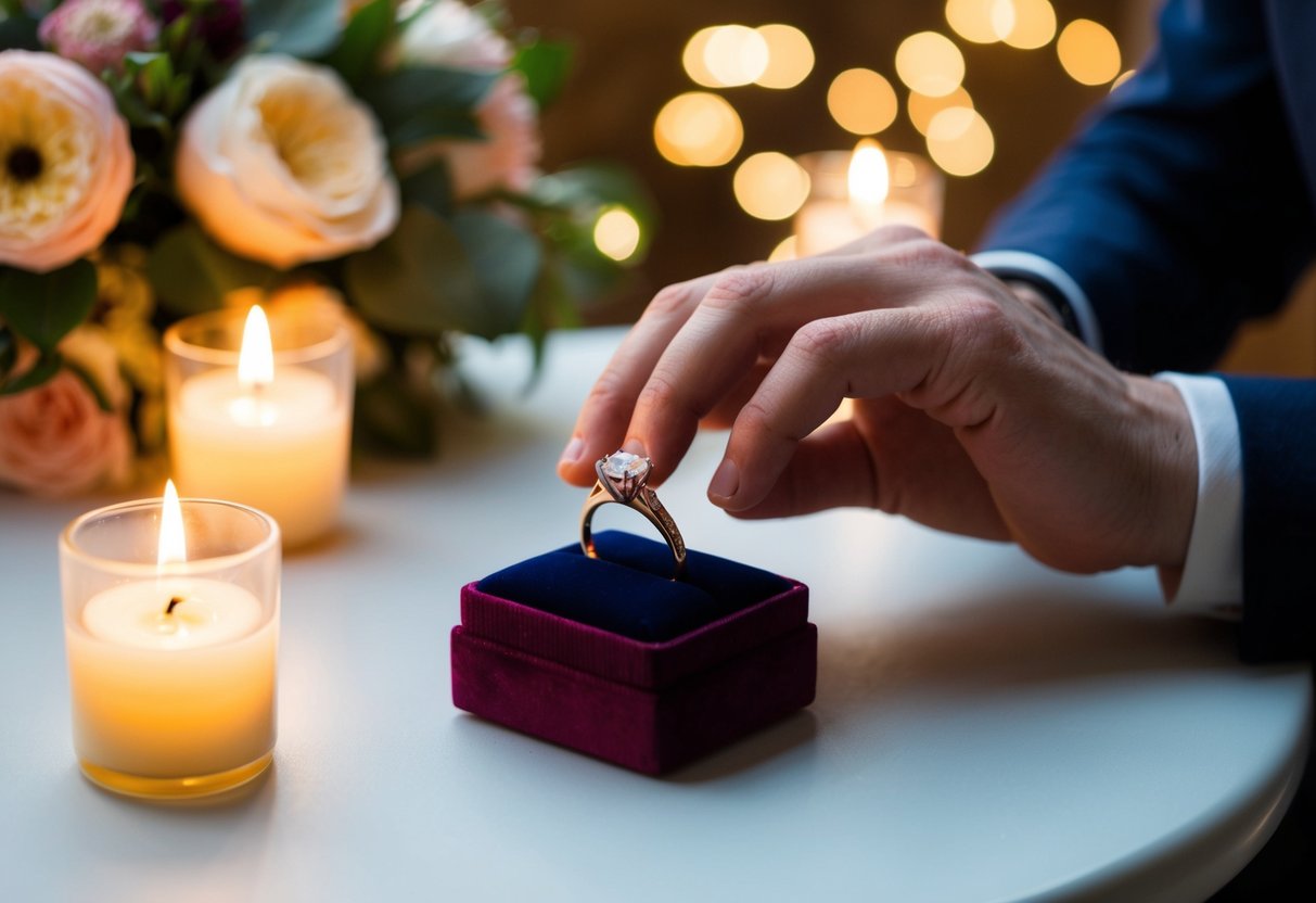 A man places an engagement ring in a velvet box on a table, surrounded by flickering candlelight and a bouquet of fresh flowers