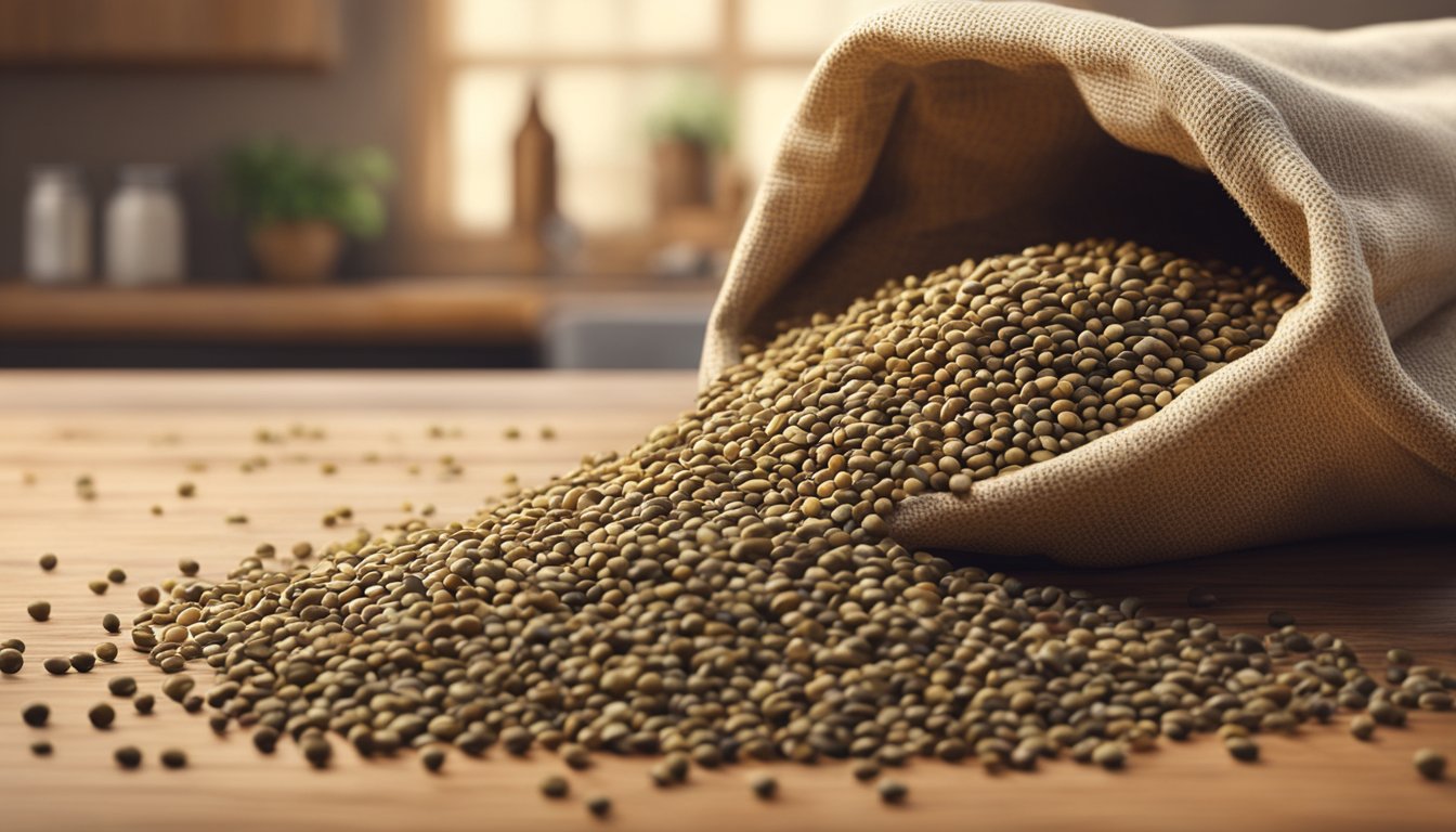 A pile of dried lentils spilling out of an open bag, with a few scattered on a countertop. Some are discolored and shriveled, suggesting age