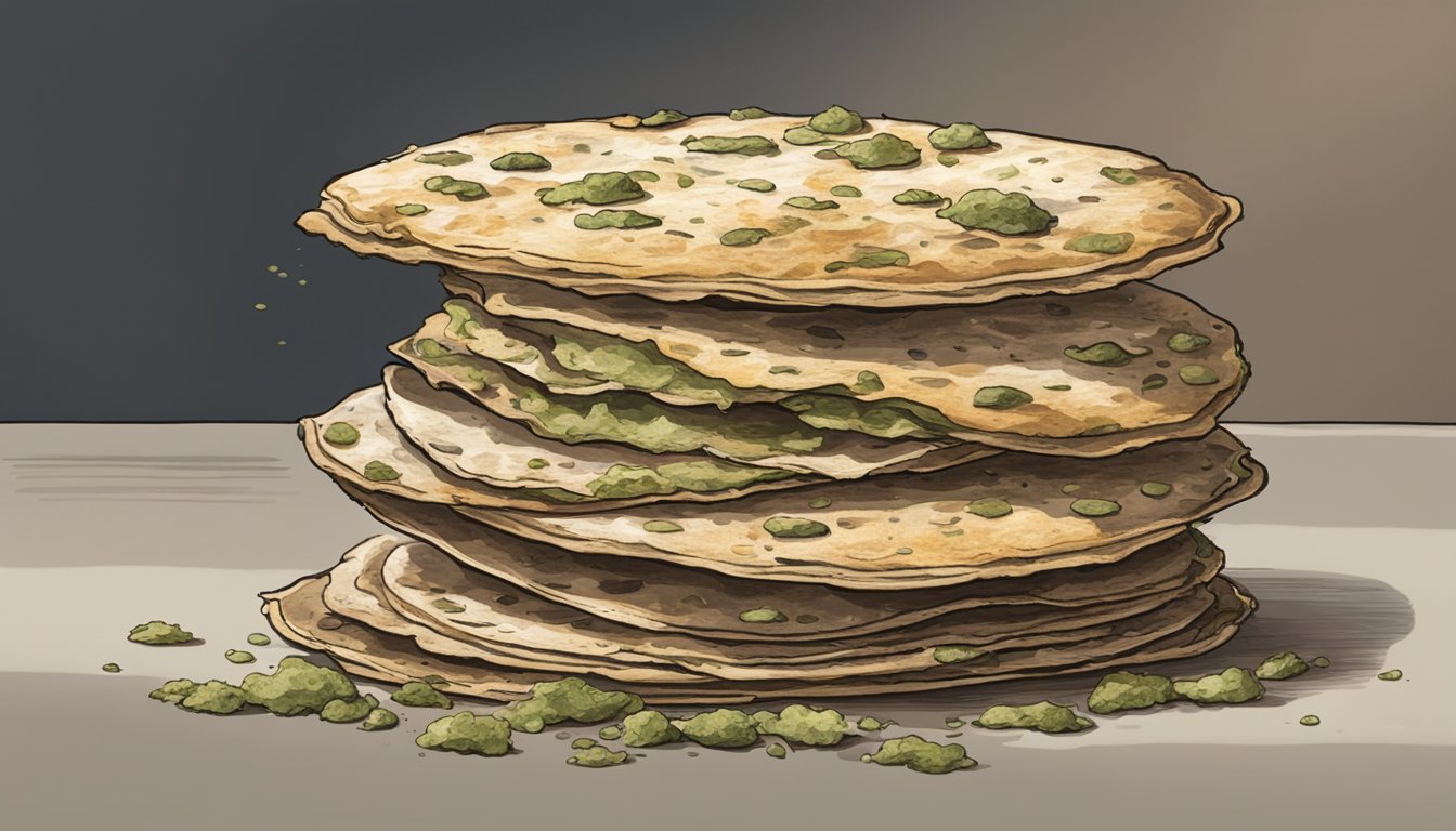 A stack of moldy, discolored tortillas sits on a kitchen counter. Some are dried out and brittle, while others are slimy and emitting a foul odor