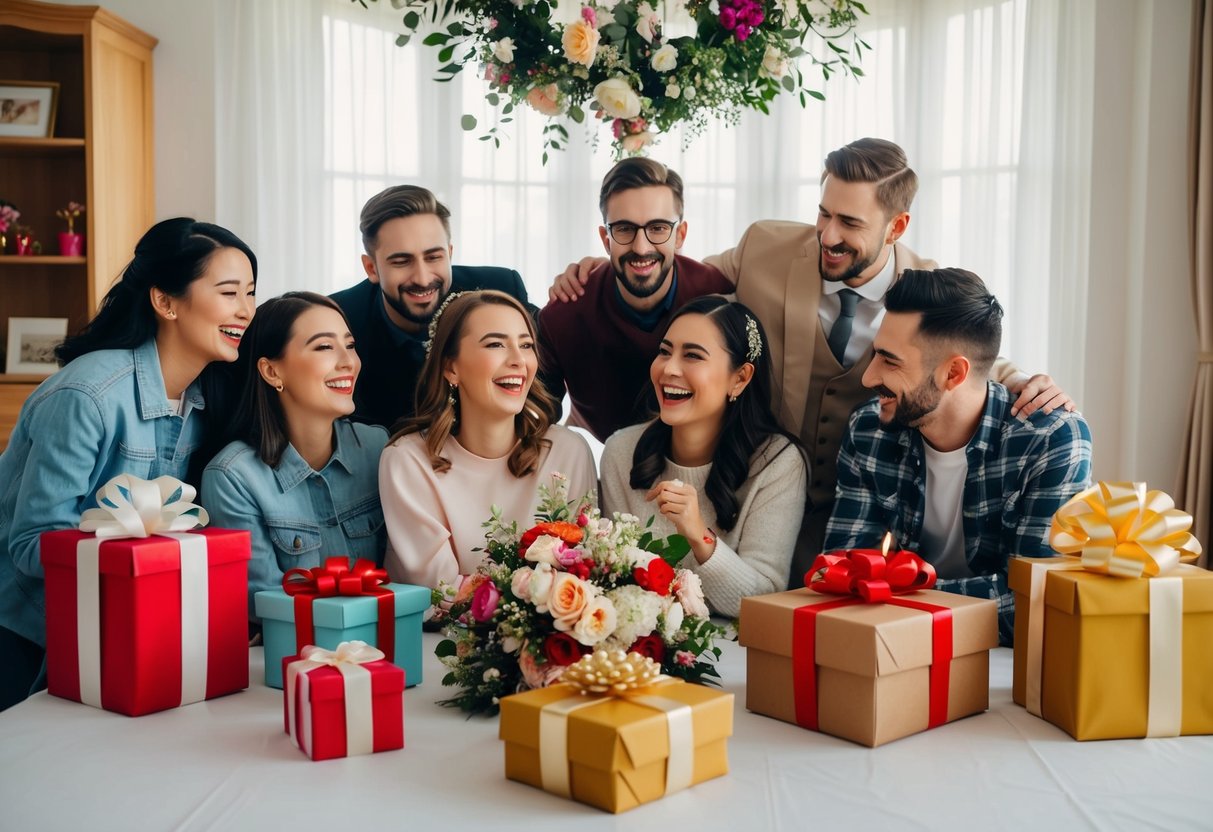 A group of friends gather in a decorated room with gifts and flowers, celebrating the upcoming wedding with laughter and joy